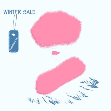 Sahte kürk şapka, pembe yaka, kadın imajı, etiketi - beyaz arka planda izole edilmiş - vektör. Kürk. Mevsimlik satış.