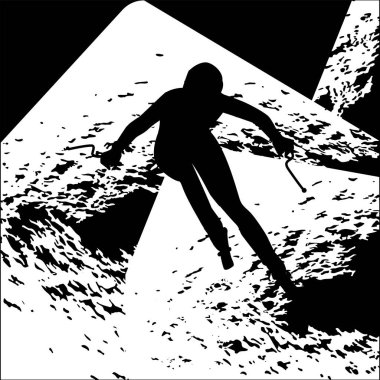 Dağlardan inen kayakçı - grunge stili, vektör olarak siyah-beyaz soyut arka plan. Kış sporları. Turizm. Seyahat