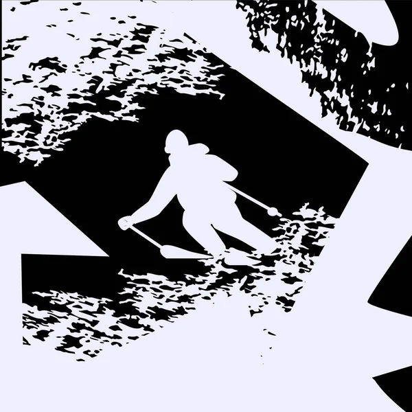 Kayakçı Dağdan Iniyor Grunge Tarzı Vektör Şeklinde Siyah Beyaz Soyut — Stok Vektör