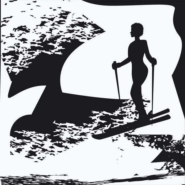 Kadın Kayakçı Siyah Beyaz Soyut Arka Plan Grunge Tarzı Vektör — Stok Vektör