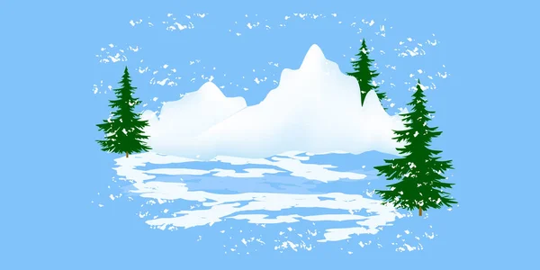 Winterlandschap Fir Bomen Besneeuwde Bergen Kunst Vector Horizontaal Spandoek Gelukkig — Stockvector