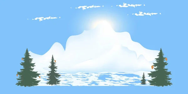 Paisagem Inverno Montanhas Sol Nuvens Abetos Com Cones Arte Vetor — Vetor de Stock