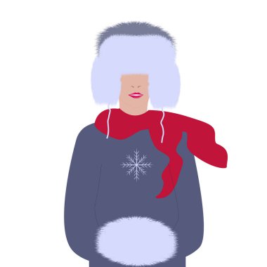 Kulaklık takan kürk şapkalı, başlıklı kadın, beyaz arka planda izole edilmiş bir kuku. Moda güzeli. Yapay kürk.