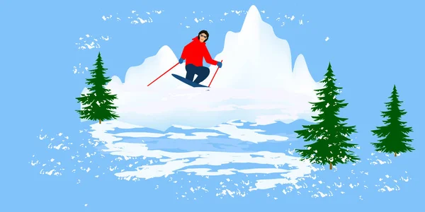 Лыжник Спускающийся Горы Елки Вектор Зимнее Путешествие Концепция Дизайна Горизонтальное — стоковый вектор