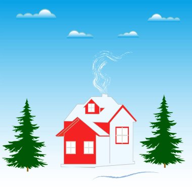 Köy evi, bacadan duman, ladin - vektör. Yeni yıl. Noel zamanı. Pankart. Poster.