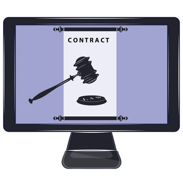 Judicial Gavel Blank Contract Computer Screen Isolated White Background Vector — Stock Vector