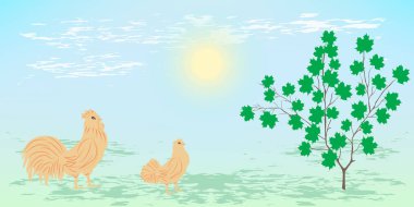 Tavuk ve horoz - bahar manzarası - illüstrasyon, vektör. Yatay Pankart.