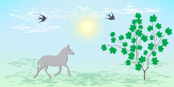 Esel Und Schwalben Fliegen Frühlingslandschaft Illustration Vektor Horizontales Banner — Stockvektor