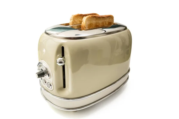 Retro Tost Makinesi Ekmek Dilimleri Kesme Yolu Ile Beyaz Arka — Stok fotoğraf