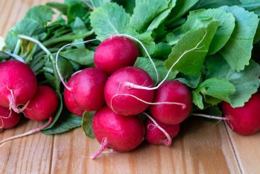 Bir demet kırmızı turp. Taze hasat edilmiş, ahşap bir masada mor renkli turp.