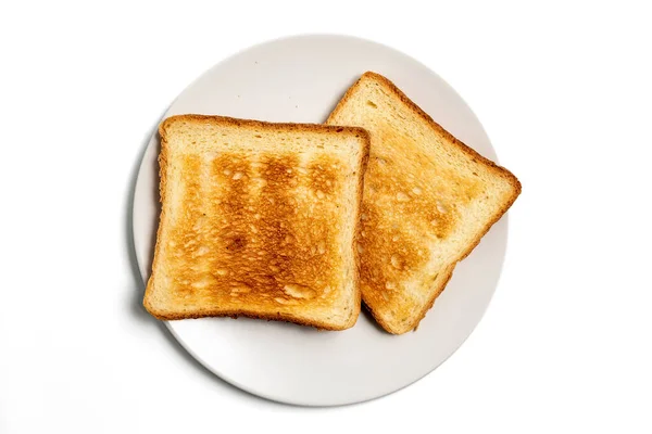 Δύο Φέτες Φρυγανισμένο Ψωμί Λευκό Φόντο — Φωτογραφία Αρχείου