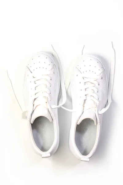 Stylish White Sneakers White Background Top View — Fotografia de Stock