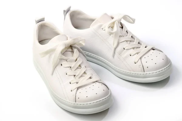 Pair Stylis New White Sneakers White Background Isolated Clipping Path — Fotografia de Stock