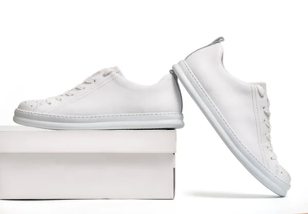 Pair Stylis New White Sneakers White Box White Background Horizontal — Fotografia de Stock