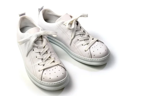 Pair Stylis New White Sneakers White Background Isolated Clipping Path — Fotografia de Stock