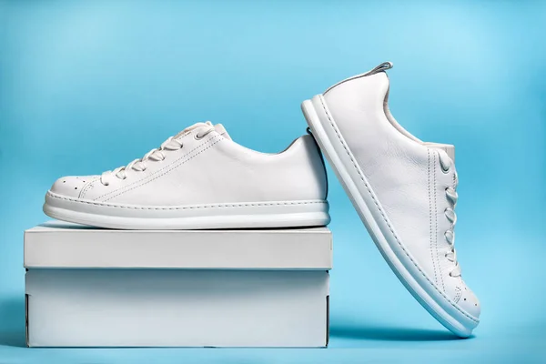 Pair Stylis New White Sneakers White Box Light Blue Background — Fotografia de Stock