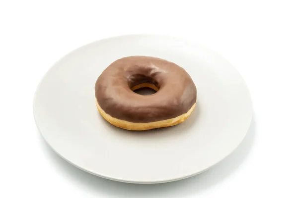 Tasty Donut Dessert Chocolate Glossy Glaze Plate Isolated White Background — Stock Fotó