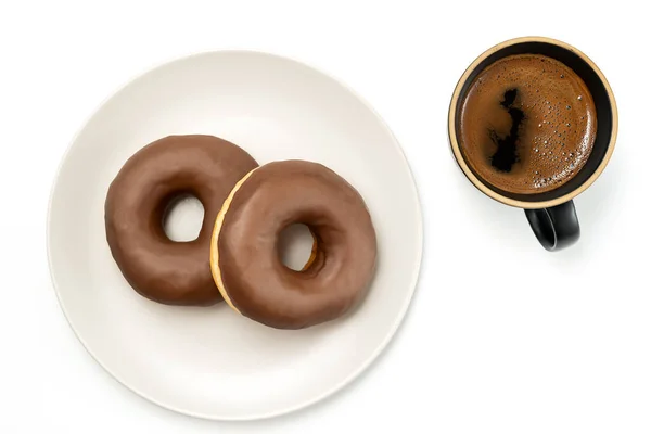 Coffee Donut Chocolate Glossy Glaze Plate Isolated White Background — Stock Fotó