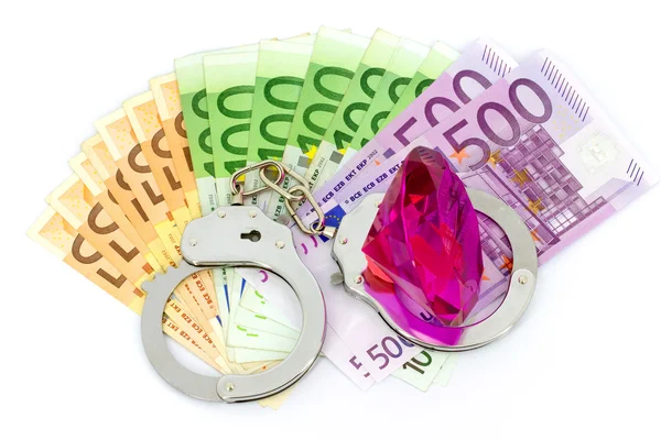 Handcuffs, diamond and money — Stock Photo, Image