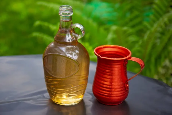 Bottle White Wine Metal Jug Table — стоковое фото