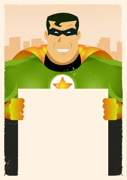 Comic Super Hero Holding Sign — Stock Vector