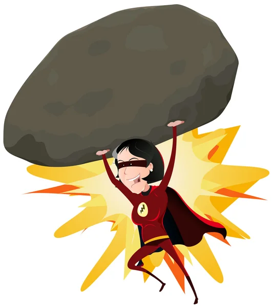 Comic Super Girl lanzando Big Rock — Vector de stock