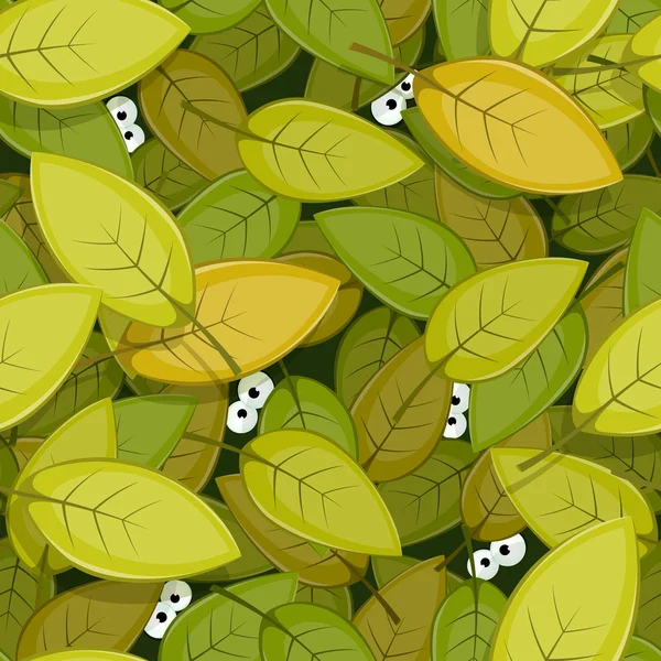 Ojos de animales dentro de hojas verdes Fondo sin costuras — Vector de stock