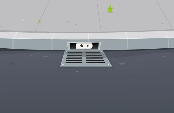 Eyes Spying Inside Pavement Gutter Hole — Stock Vector
