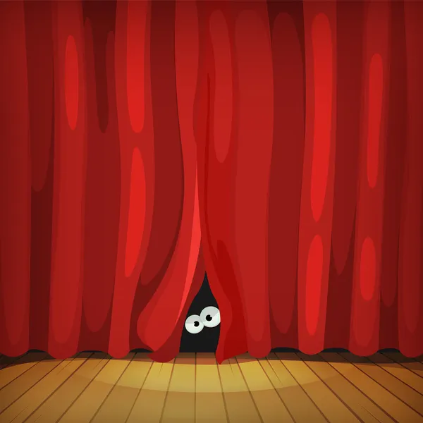 Ojos detrás de cortinas rojas en el escenario de madera — Vector de stock