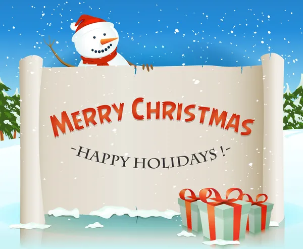 Père Noël bonhomme de neige derrière le parchemin de Noël — Image vectorielle