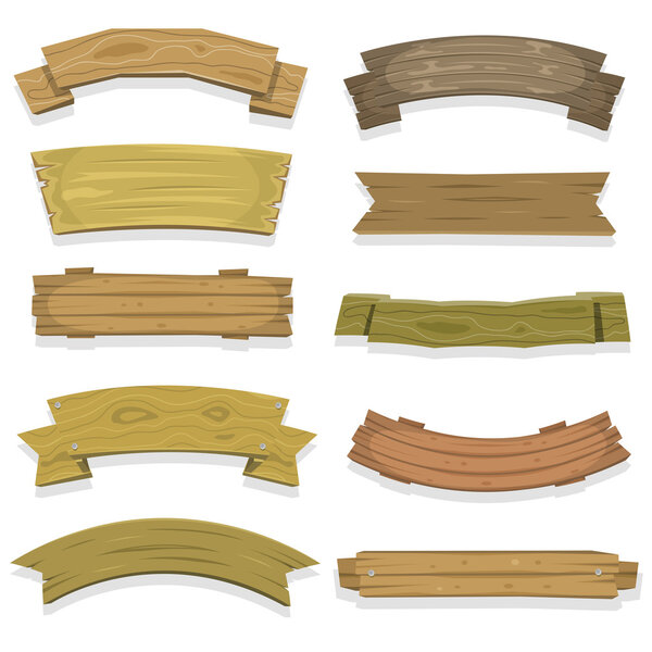 Banners y cintas de madera de dibujos animados — Vector de stock