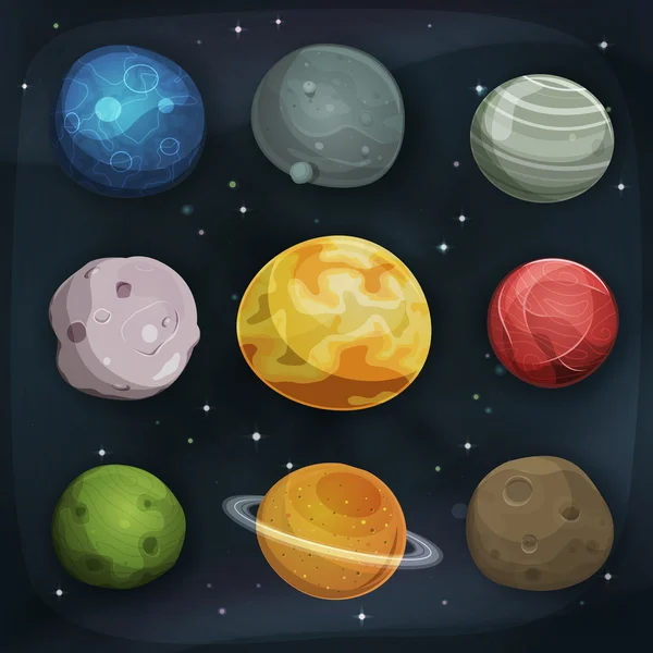 Comic Planets Set On Space Background — Stock Vector