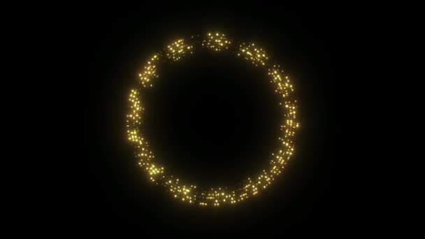 アブストラクトゴールデンサークルロゴスピン背景 4K金円回転と輝く粒子がシームレスにループする抽象的な背景のアニメーション — ストック動画