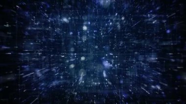 Soyut Dijital Veri Teknolojisi Arkaplan Döngüsü / 4k Soyut yüksek teknoloji duvar kağıdı arka plan görsel veri çizgileri ve çevresel tıkanıklık ve alan derinliği ile yakınlaşan parçacıklar