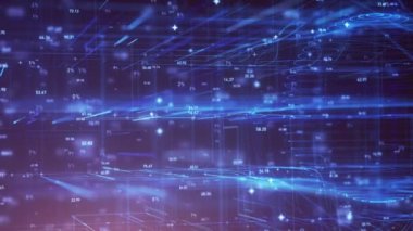 Büyük Veri Dijital İşletme Hitech Özgeçmişi / 4k soyut dijital veri iş teknolojisi arkaplanı. Bağlı hatlar ve alan kayması derinliği ve kusursuz döngü içeren numaralar.