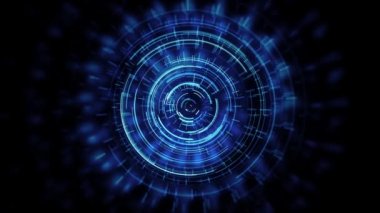 Soyut Hud Teknoloji Çemberleri Soyut bir tasarım grafik teknolojisi arka planının 4k / 4k animasyonu Hud daireler yapısı dönen ve alan derinliği değiştiren