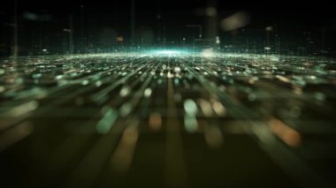 Hitech Uzay Bilimi Ağı Landcape Soyut dijital veri ticareti teknolojisinin 4k animasyonu Bağlı hatlar ve alan kayması derinliği ve pürüzsüz döngü içeren numaralar