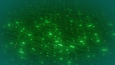 Hitech Computer Chipset Background Loop/ 4k animation of an abstract technology background with electronics chipset circuit, including resistors, transistors and clusters seamless looping with depth of field