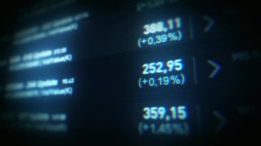 Borsa ve Borsa Arkaplan / 4k animasyon verileri ve numaraları ve yazılım ekranı ve alan derinliği yakın plan