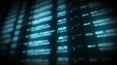 Borsa ve Borsa Arkaplan / 4k animasyonu bitcoins para birimleri verileri ve numaraları ve alan derinliği ile yazılım ekranı yakın plan