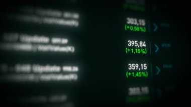 Borsa ve Borsa Arkaplan / 4k animasyonu bitcoins para birimleri verileri ve numaraları ve alan derinliği ile yazılım ekranı yakın plan