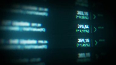 Borsa ve Borsa Arkaplan / 4k animasyonu bitcoins para birimleri verileri ve numaraları ve alan derinliği ile yazılım ekranı yakın plan