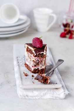 En iyi çikolatalı, ahududulu pastadan bir dilim.