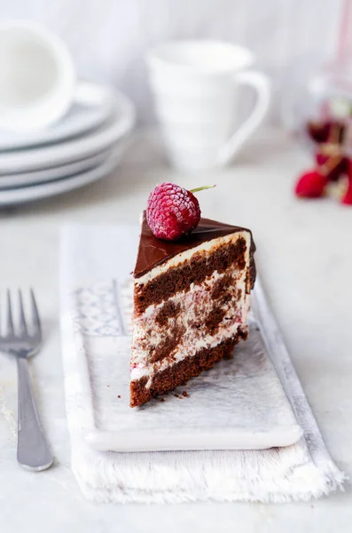 Bucată Din Cel Mai Bun Tort Ciocolată Iarnă Zmeură — Fotografie, imagine de stoc
