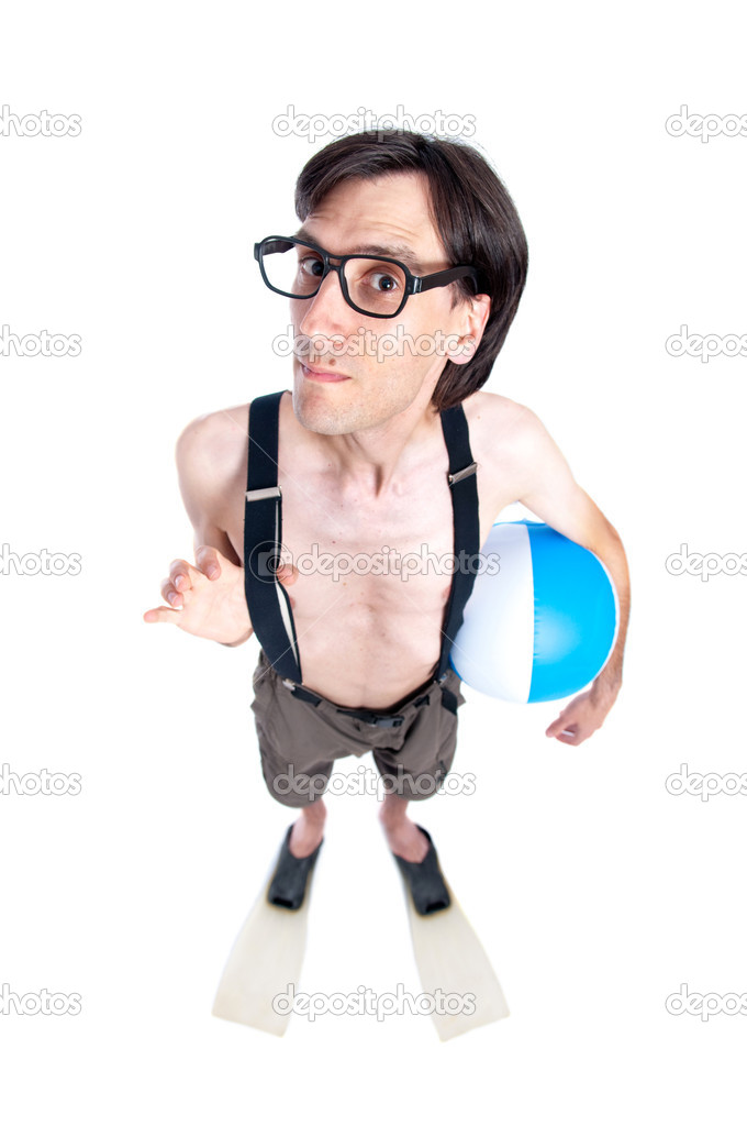 Funny nerd guy ready for the beach