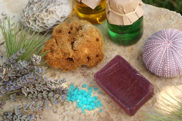 Mediterranean aromatherapy spa products with herbs — Stock Photo, Image