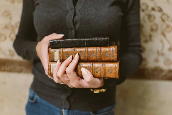 Woman Holding Vintage Books Her Hands Stock Image