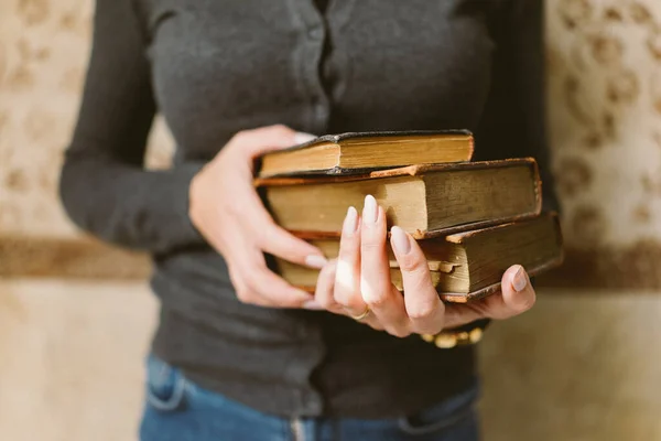 Woman Holding Vintage Books Her Hands Royalty Free Stock Images