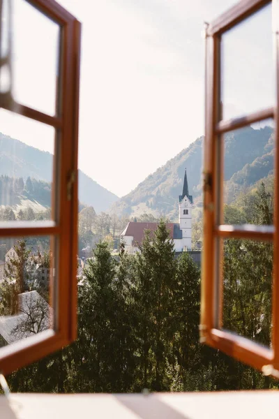 Open Window View Church Slovenia Stock Image
