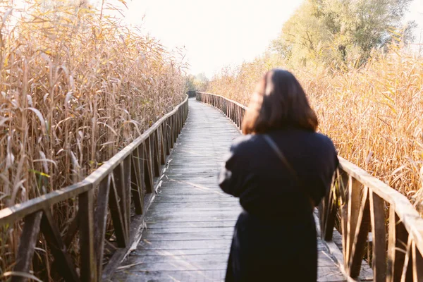 一个年轻的女人在一条长长的木头路上 — 图库照片